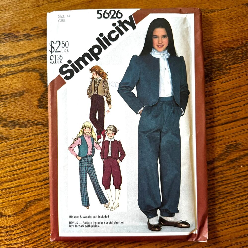 UNCUT Vintage 1980s Butterick 5626 Sewing Pattern Small Pant Knicker Jacket Vest